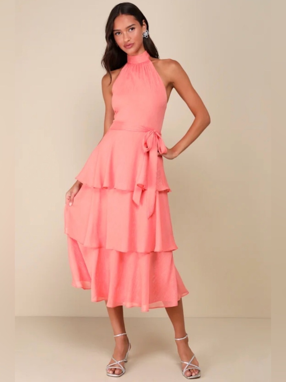 Sunny Darling Coral Pink Tiered Mock Neck Halter Midi Dress Size Large